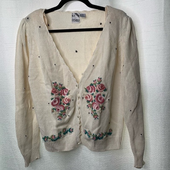Vintage floral embroidered embellished pearl sweater cardigan small cottagecore - Picture 2 of 6